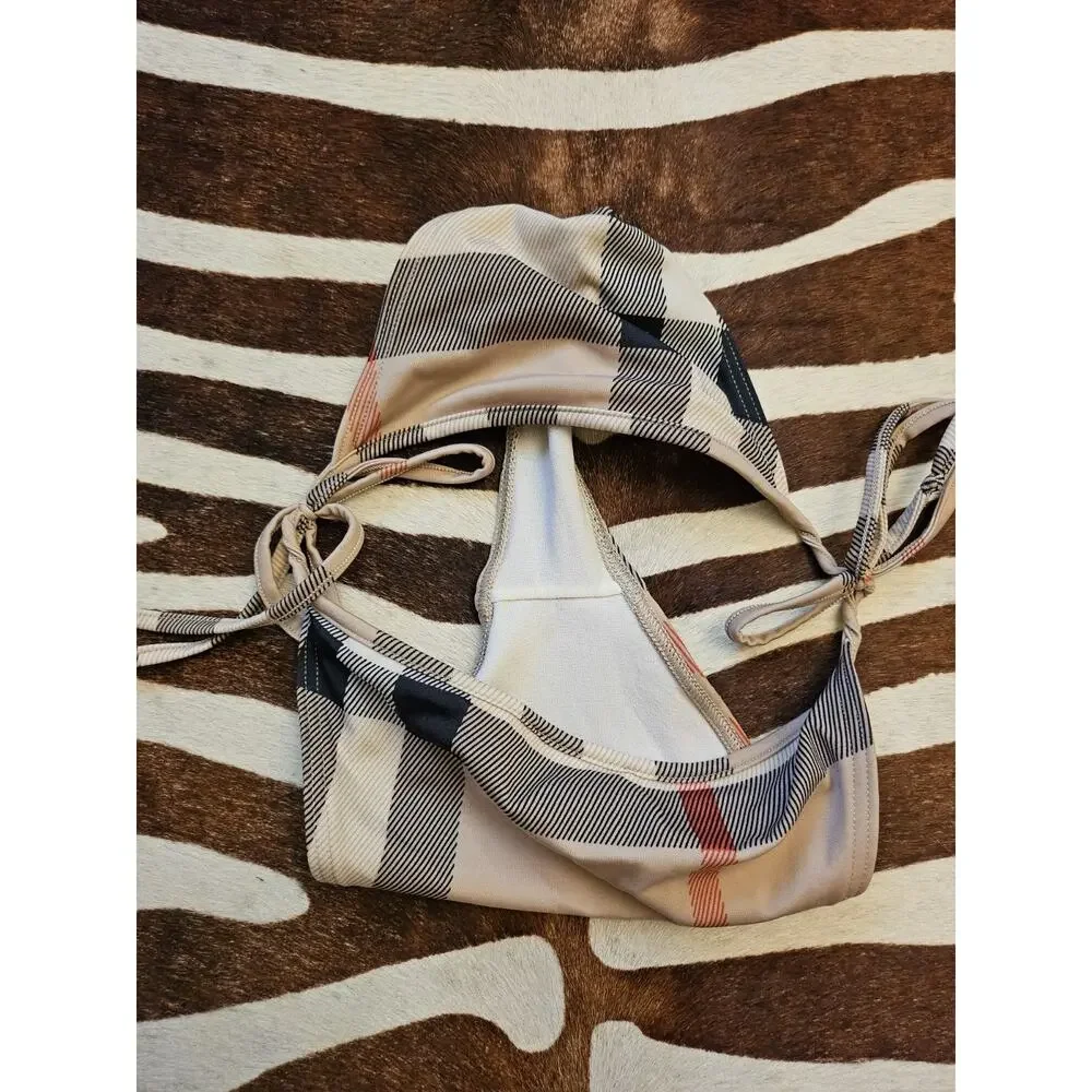 Vintage Y2K Burberry Brit Sz M Bikini Swimsuit Bottom Check Plaid Tie Side - Picture 7 of 7